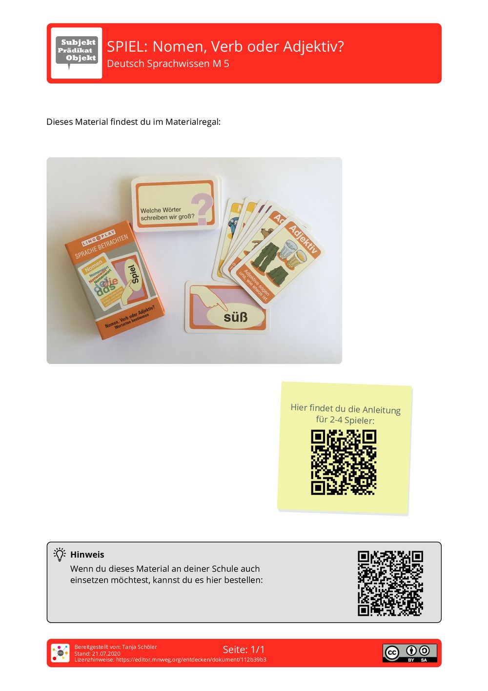 Arbeitsblatt Nomen, Verb oder Adjektiv? Deutsch Sprachwissen