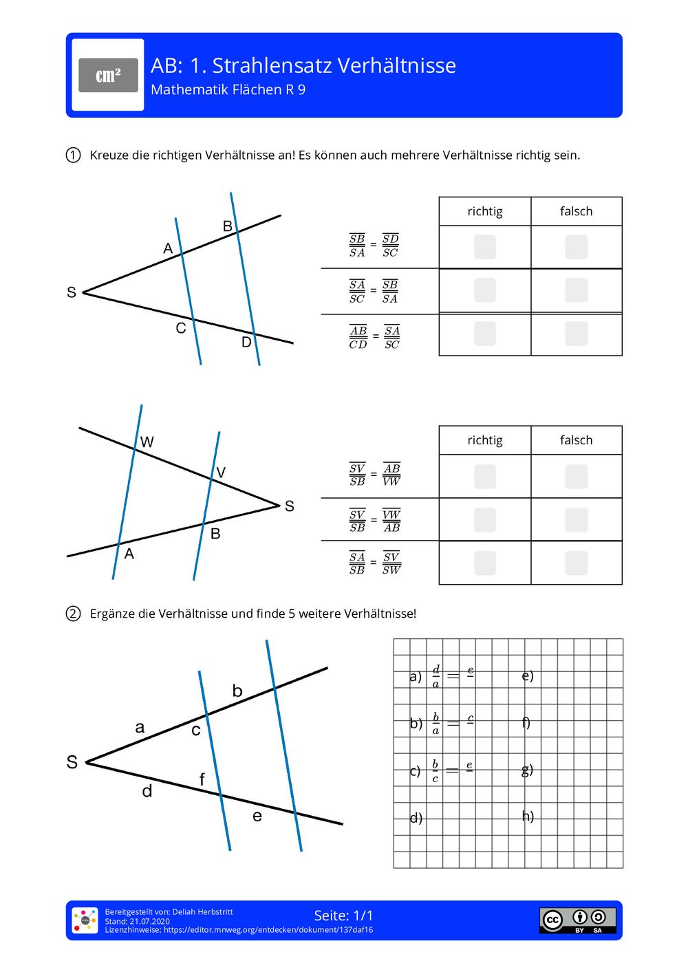 Strahlensatz Aufgaben Mit Lösungen Klasse 9 Pdf Arbeitsblatt - 1. Strahlensatz Verhältnisse - Mathematik - Flächen
