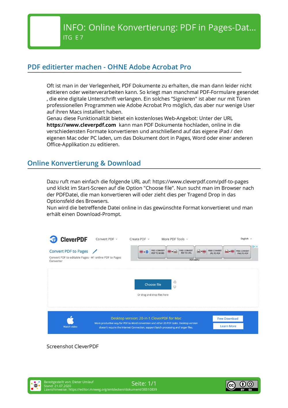 Arbeitsblatt Online Konvertierung PDF in PagesDateien umwandeln