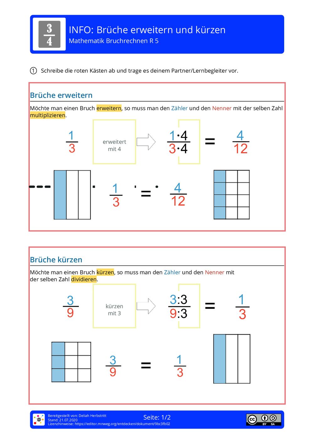 Arbeitsblatt Brüche erweitern und kürzen Mathematik Bruchrechnen