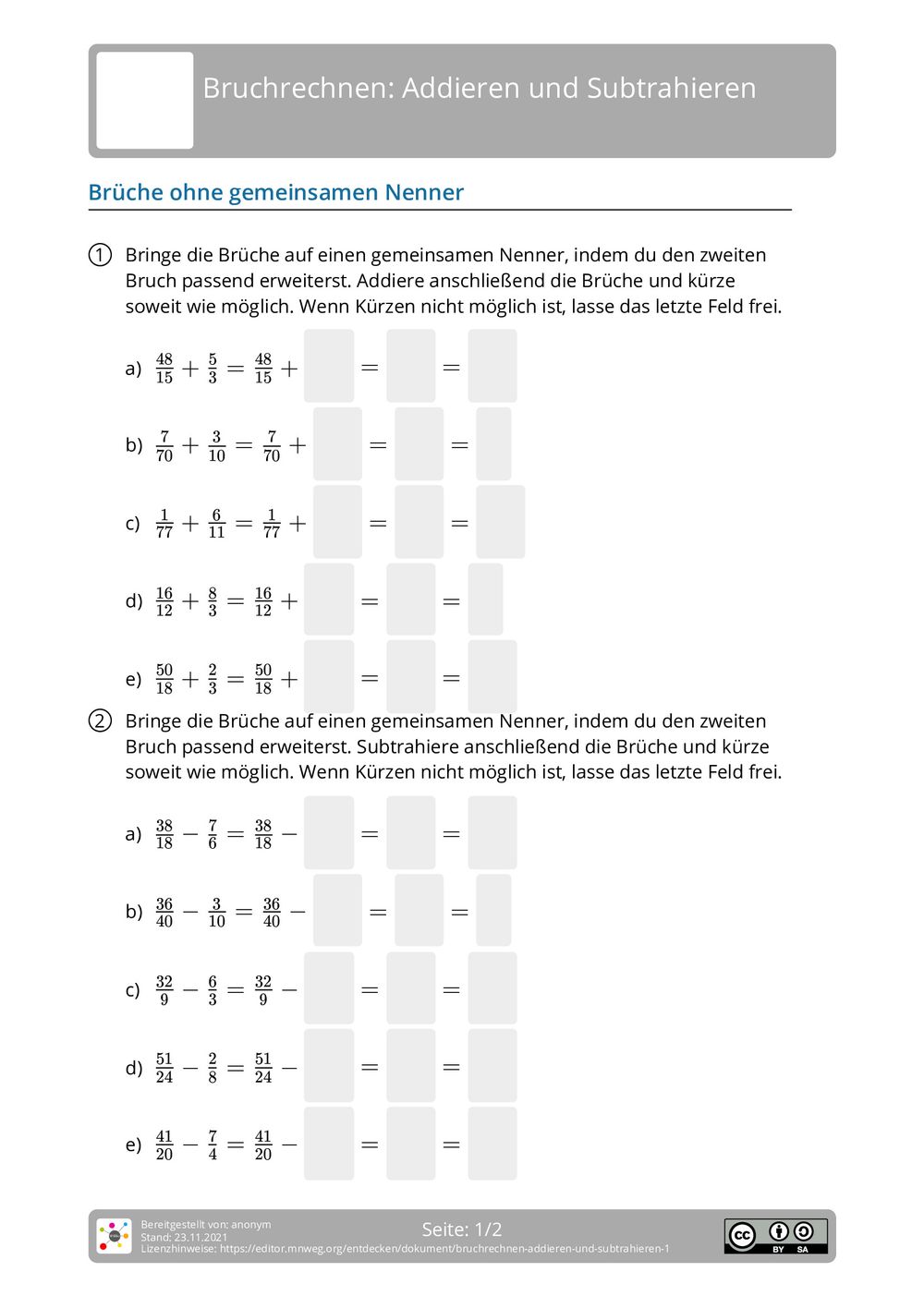 Arbeitsblatt Bruchrechnen Addieren und Subtrahieren Arbeitsblatt Bruchrechnen Addieren und Subtrahieren