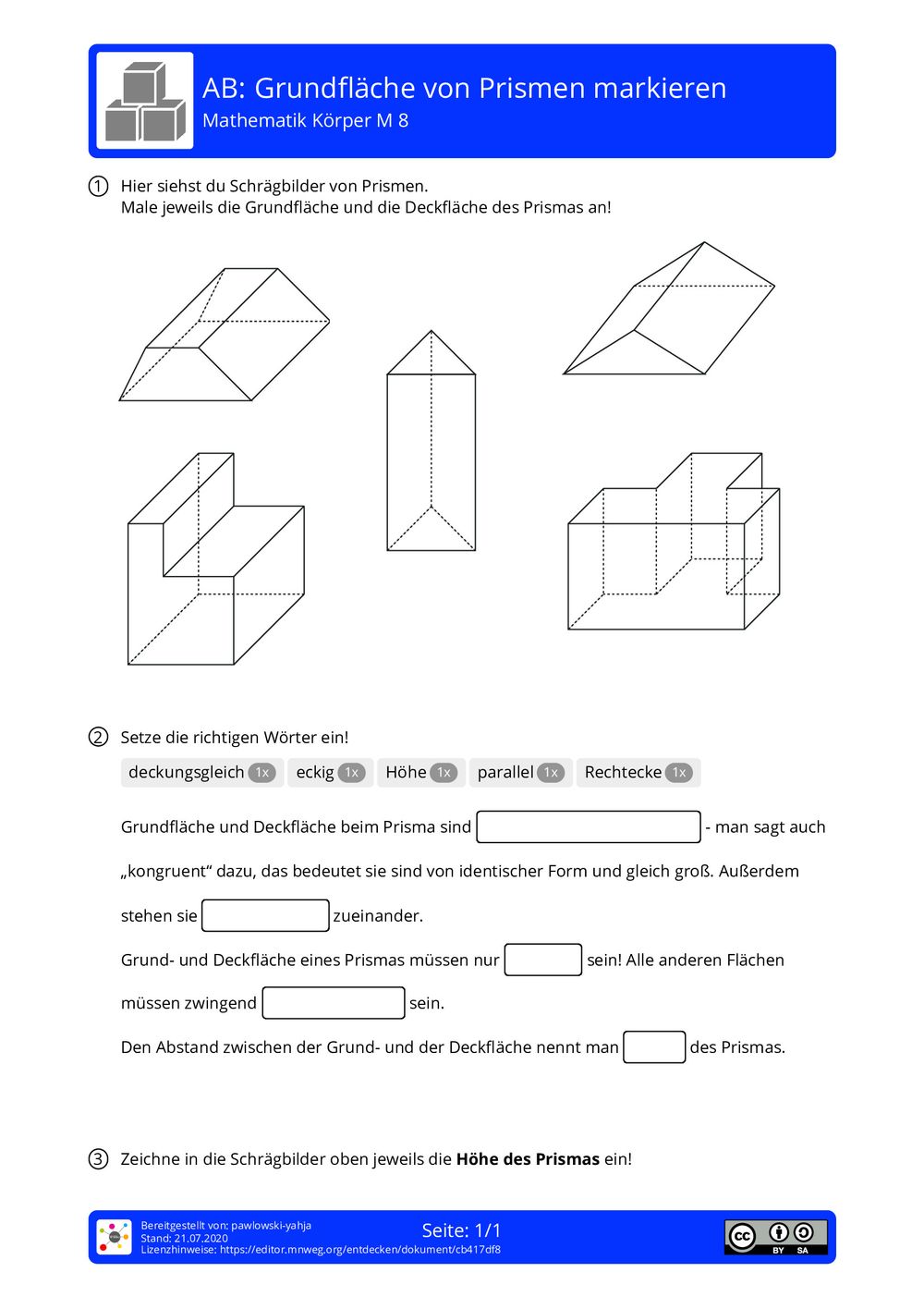 Arbeitsblatt - Grundfläche von Prismen markieren - Mathematik - Körper ...