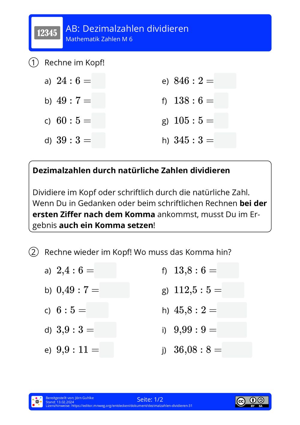 Dezimalzahlen Dividieren Arbeitsblatt
 Arbeitsblatt Dezimalzahlen divi ren Mathematik Zahlen mnweg