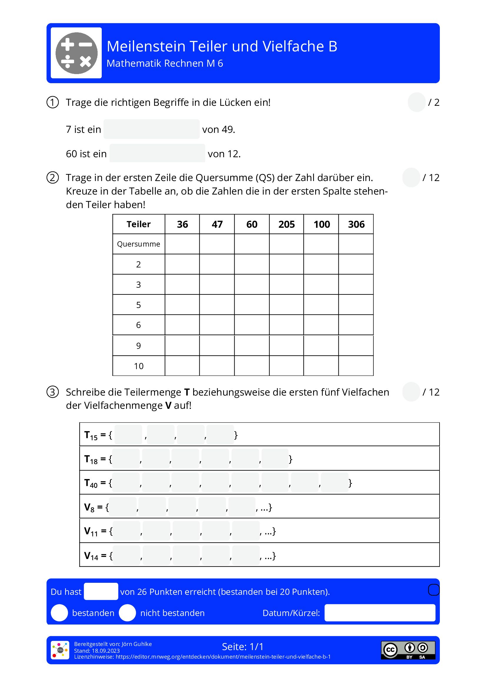 Arbeitsblatt - Meilenstein Teiler Und Vielfache B - Mathematik ...