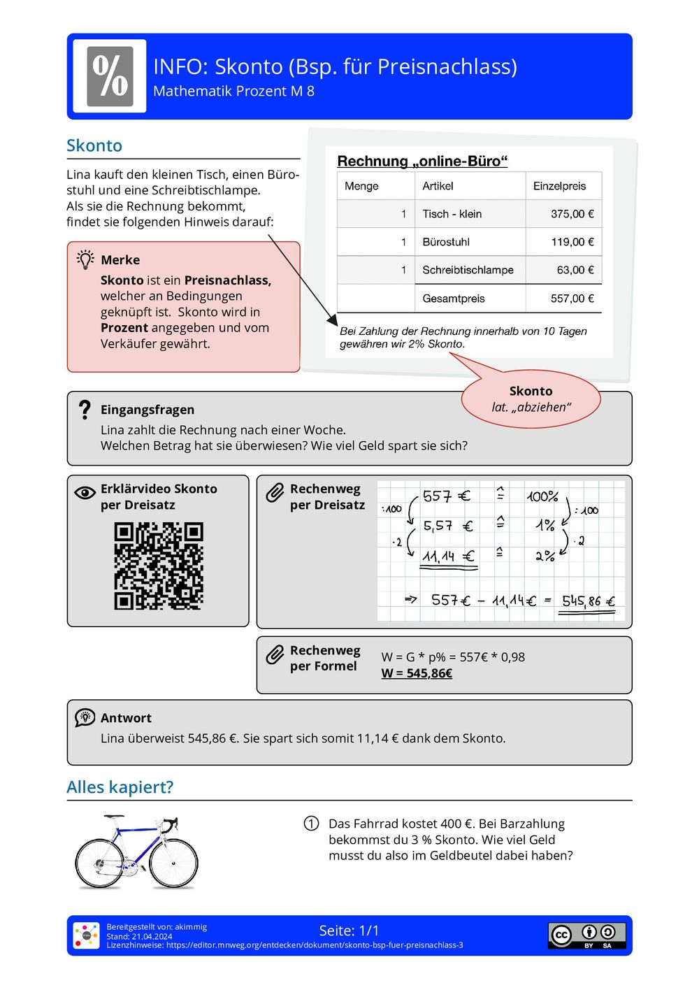 Wieviel Prozent Preisnachlass Bei Beschädigten Möbeln Arbeitsblatt - Skonto (Bsp. für Preisnachlass) - Mathematik - Prozent