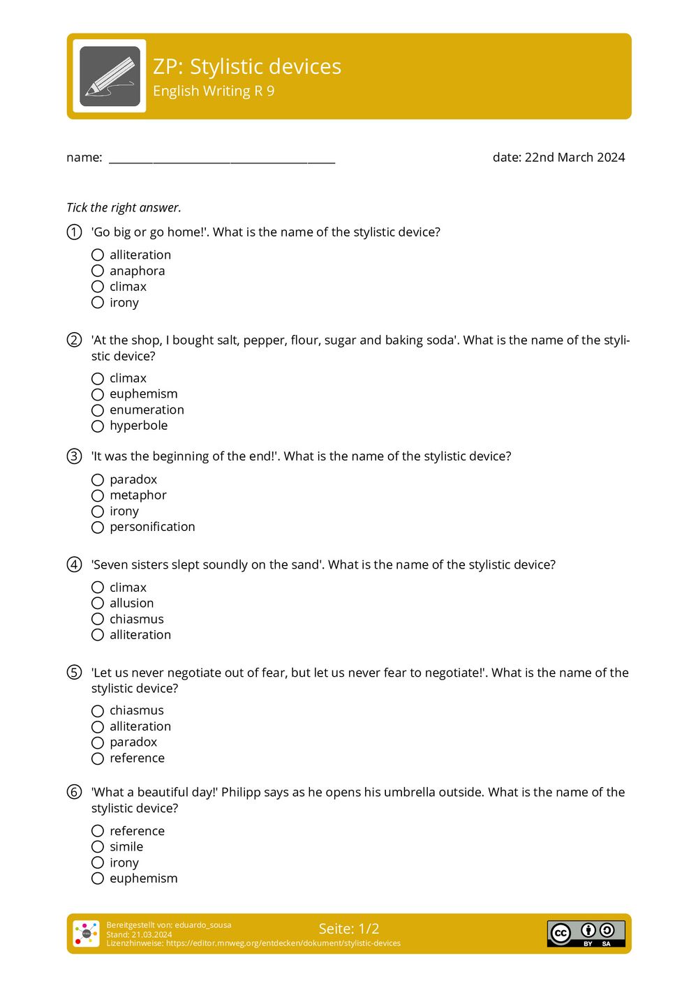 Arbeitsblatt Stylistic devices English Writing