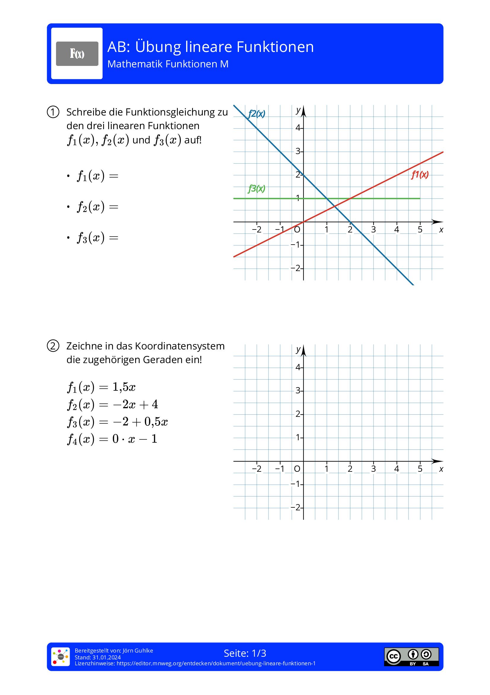 Arbeitsblatt - Übung Lineare Funktionen - Mathematik - Funktionen ...