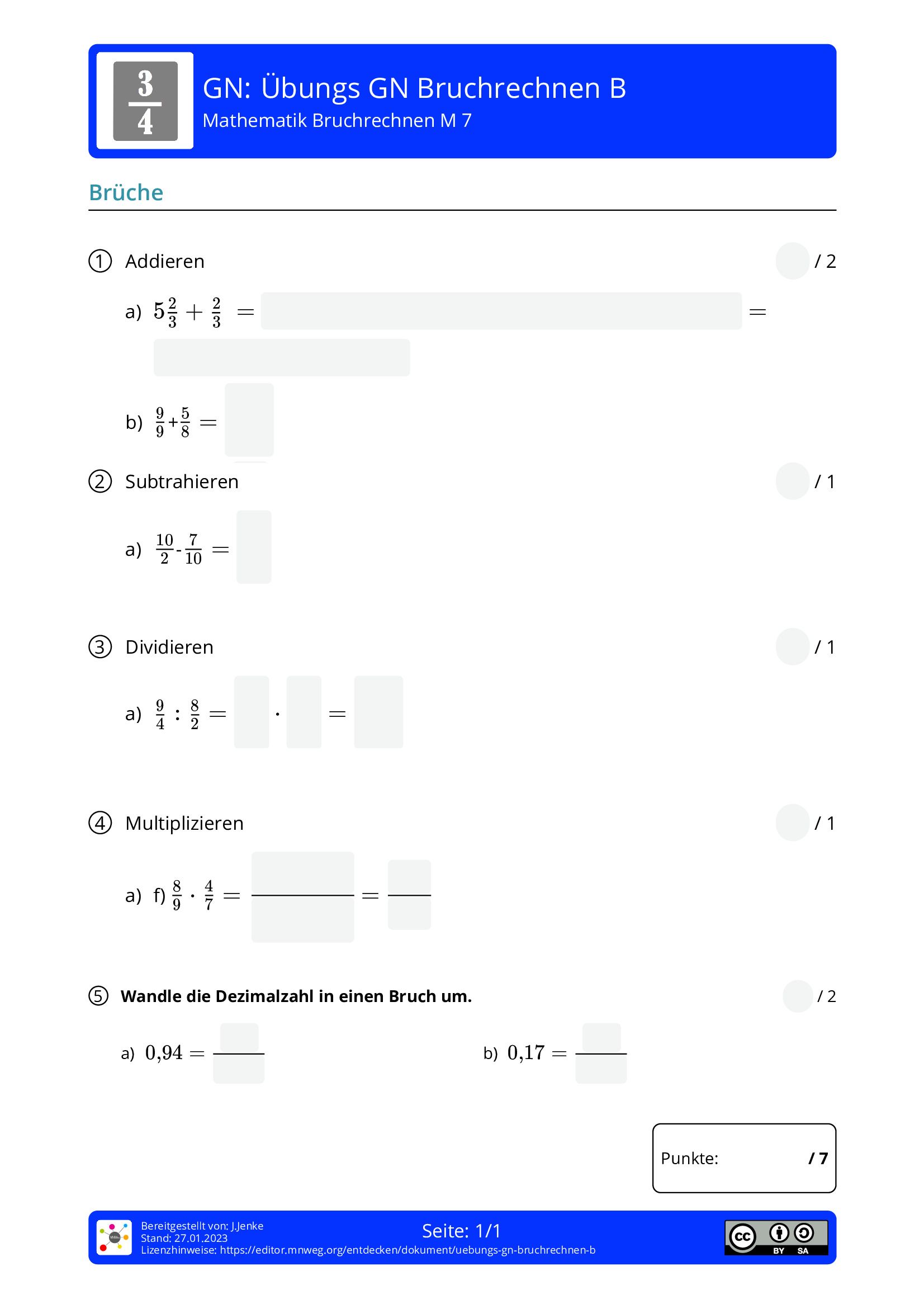 Arbeitsblatt - Übungs GN Bruchrechnen B - Mathematik - Bruchrechnen ...