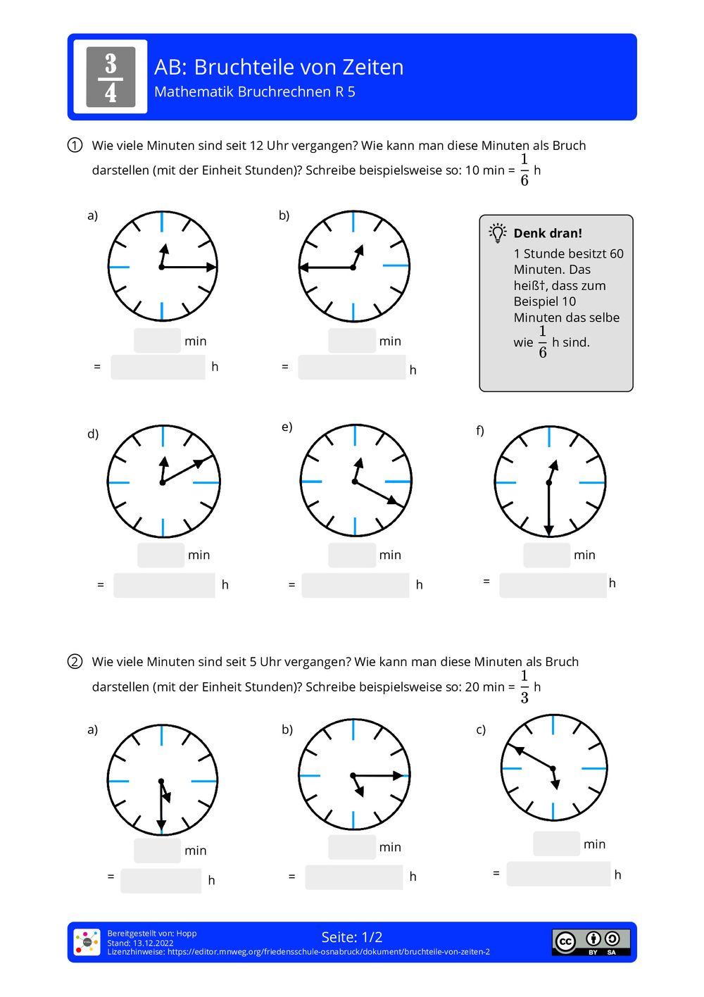 Arbeitsblatt Bruchteile von Zeiten Mathematik Bruchrechnen