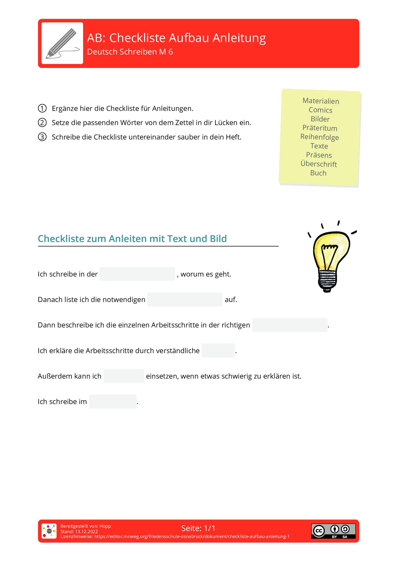 Arbeitsblatt - Checkliste Aufbau Anleitung - Deutsch - Schreiben ...