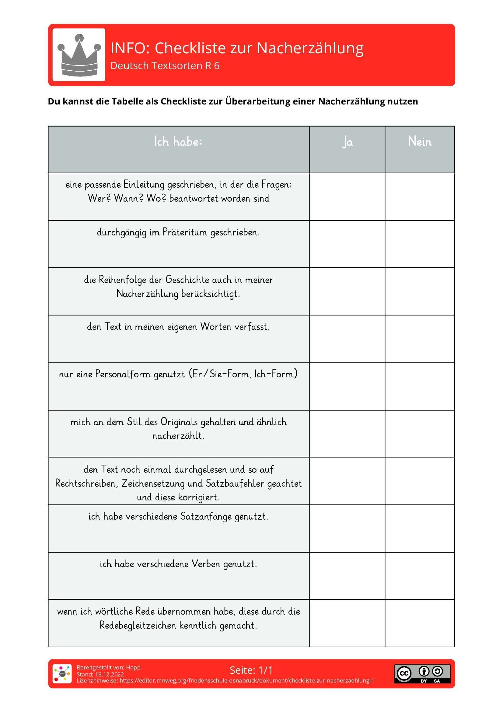 Arbeitsblatt - Checkliste Zur Nacherzählung - Deutsch - Textsorten ...