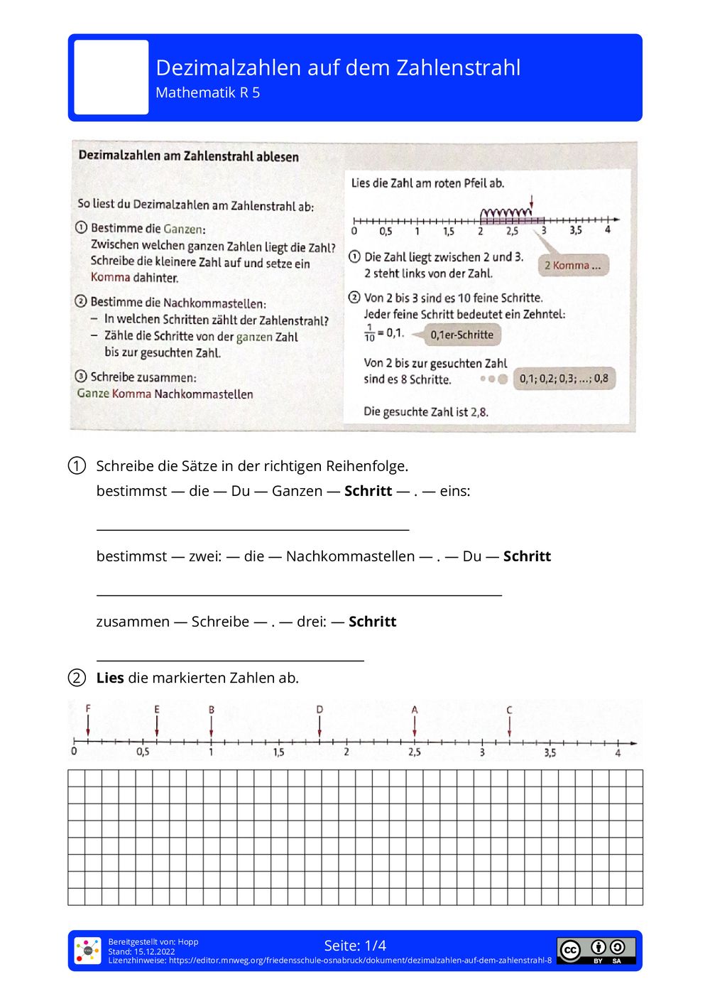 Dezimalzahlen Arbeitsblatt
 Arbeitsblatt Dezimalzahlen auf dem Zahlenstrahl Mathematik mnweg