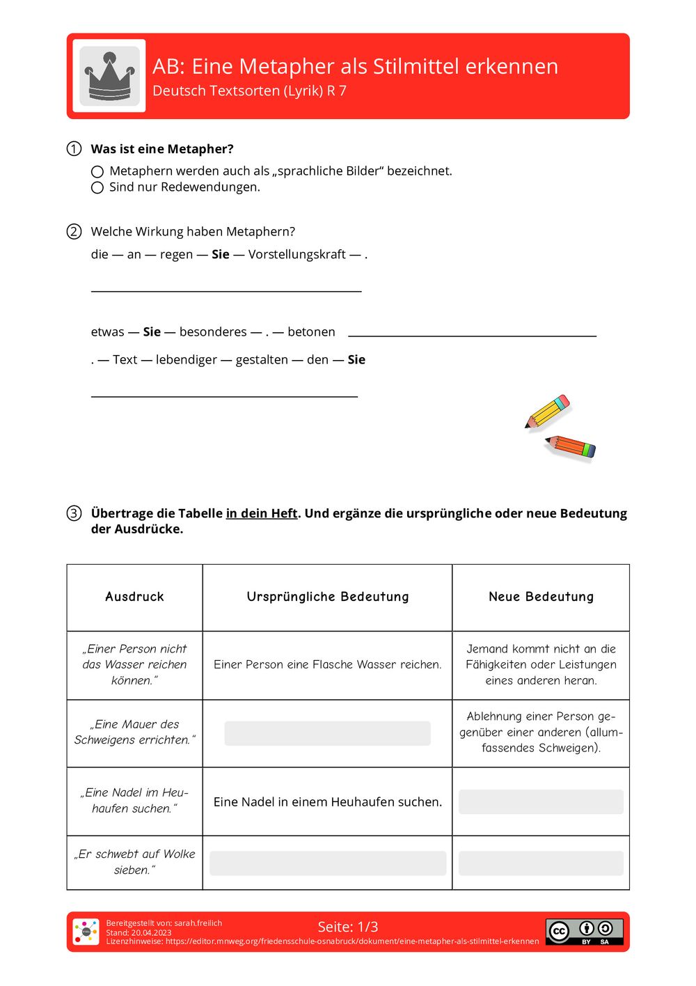 Metapher Vergleich Personifikation übungen Pdf Arbeitsblatt - Eine Metapher als Stilmittel erkennen - Deutsch