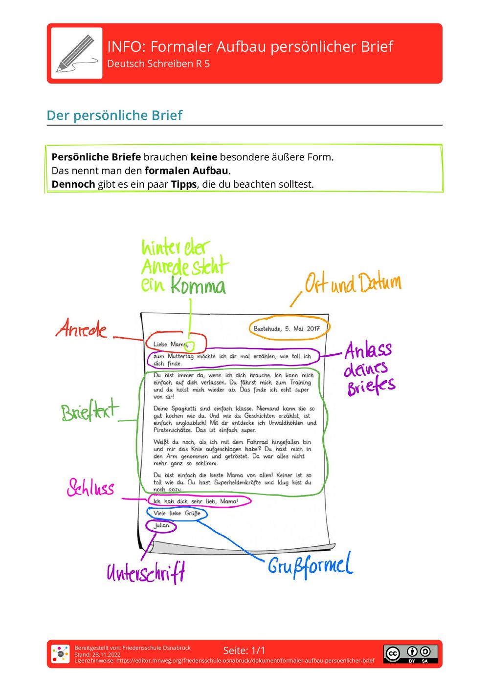 Arbeitsblatt - Formaler Aufbau persönlicher Brief - Deutsch - Schreiben ...