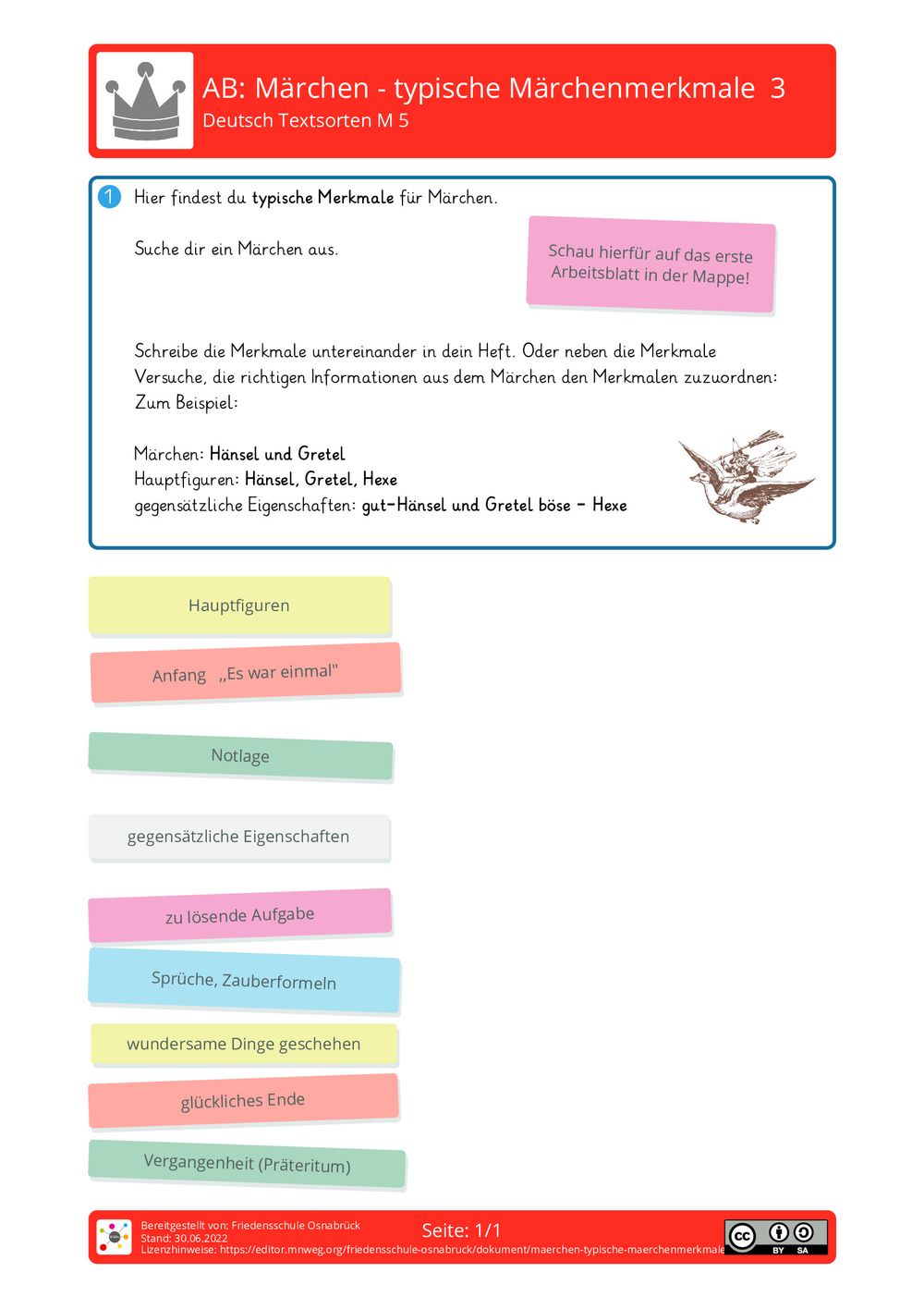 Arbeitsblatt - Märchen - typische Märchenmerkmale 3 - Deutsch