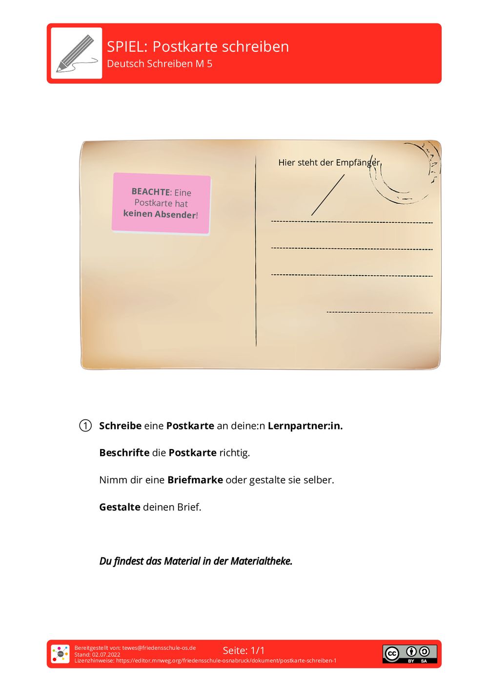 Arbeitsblatt Postkarte schreiben Deutsch Schreiben