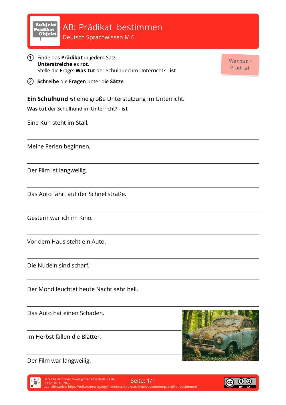 Arbeitsblatt Prädikat bestimmen Deutsch Sprachwissen