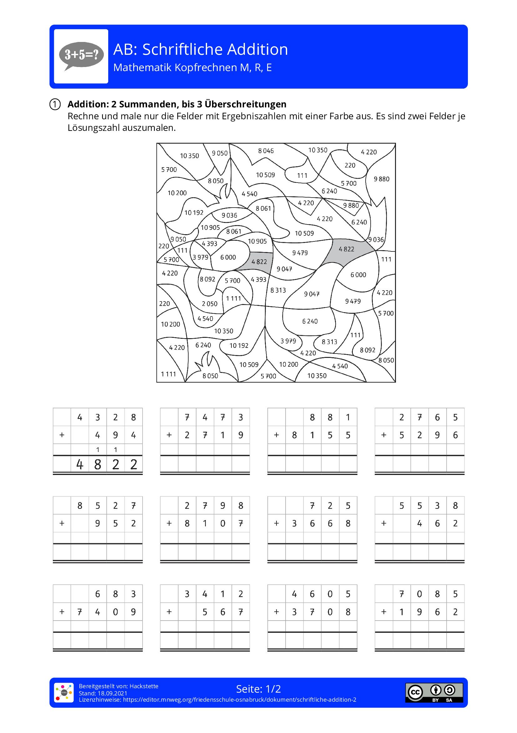 Arbeitsblatt - Schriftliche Addition - Mathematik - Kopfrechnen - Mnweg.org