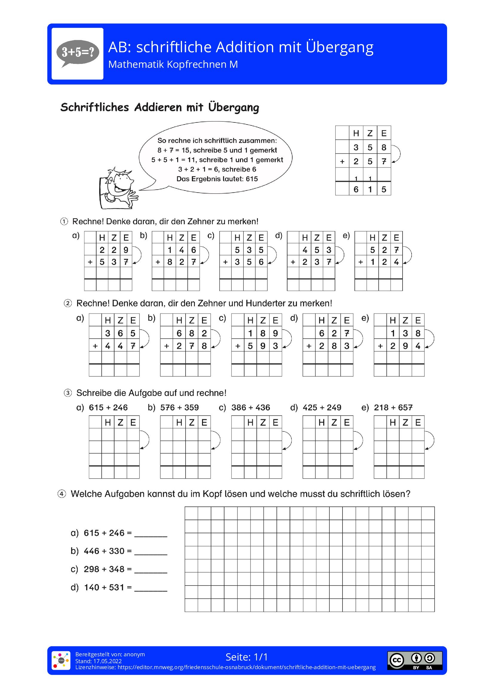 Arbeitsblatt - Schriftliche Addition Mit Übergang - Mathematik ...