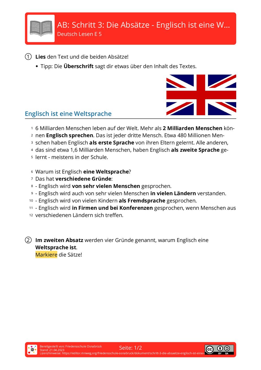 Englisch Mündliche Prüfung Abitur Beispielaufgaben Arbeitsblatt - Schritt 3: Die Absätze - Englisch ist eine Weltsprache