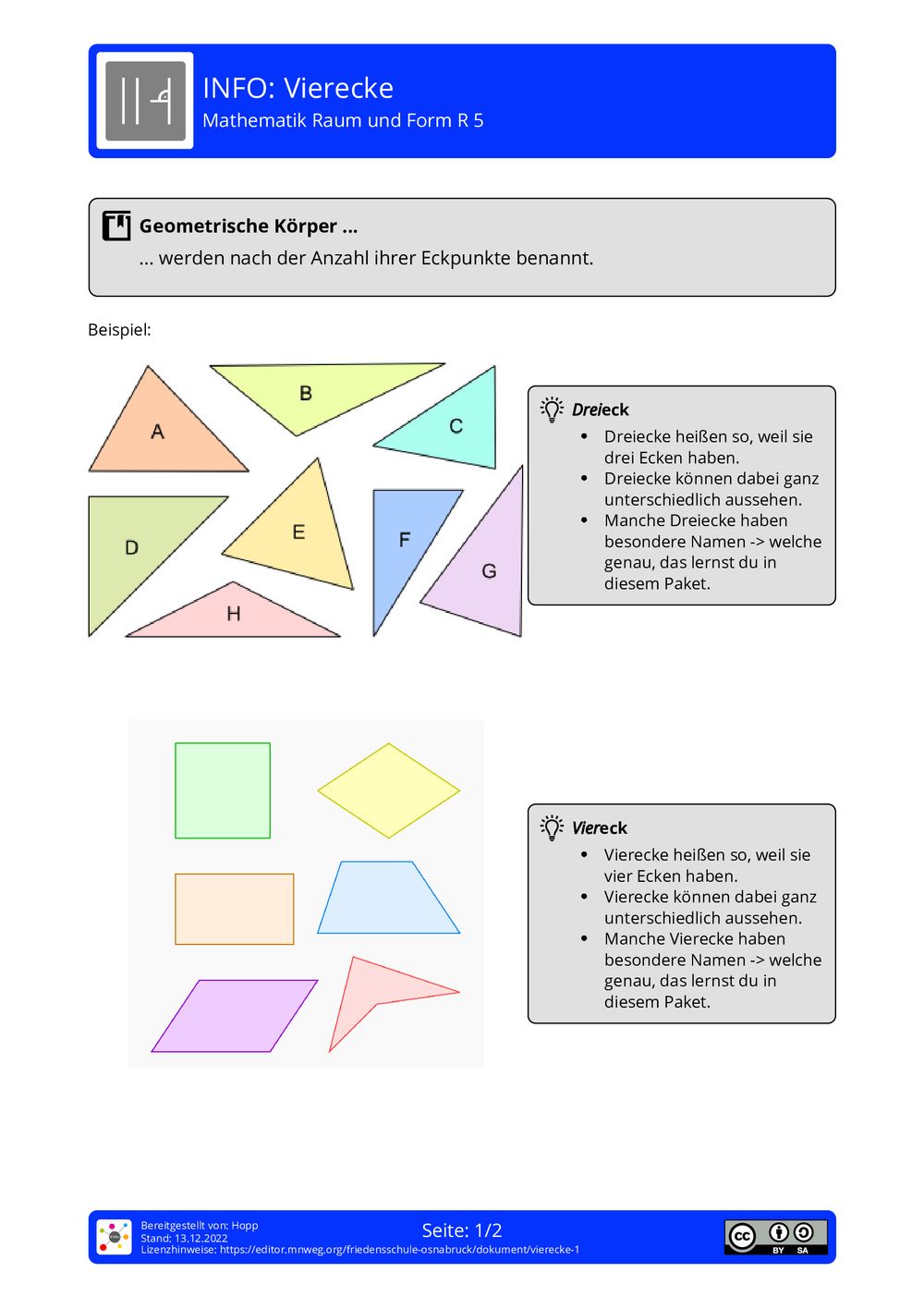 Arbeitsblatt - Vierecke - Mathematik - Raum und Form - mnweg.org