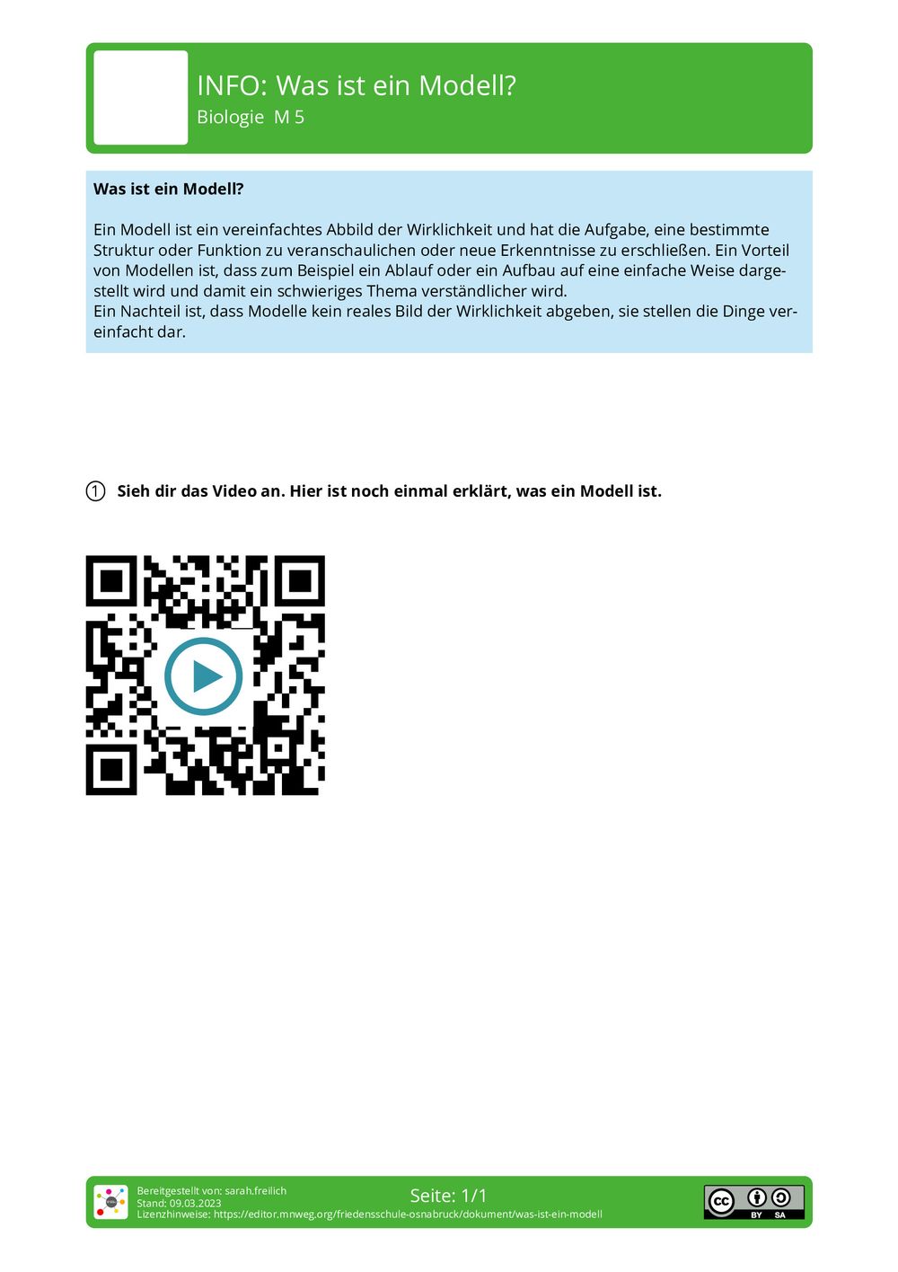 Arbeitsblatt - Was ist ein Modell? - Biologie - mnweg.org
