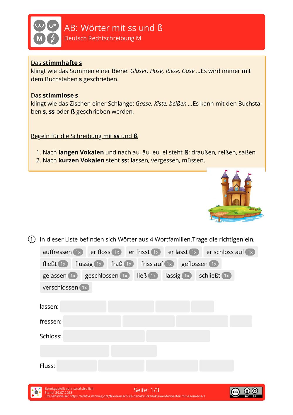 Arbeitsblatt Wörter mit ss und ß Deutsch Rechtschreibung