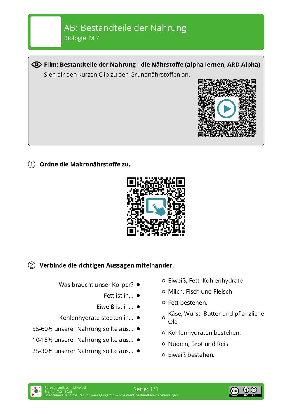 Arbeitsblatt Bestandteile der Nahrung Biologie Arbeitsblatt Bestandteile der Nahrung Biologie