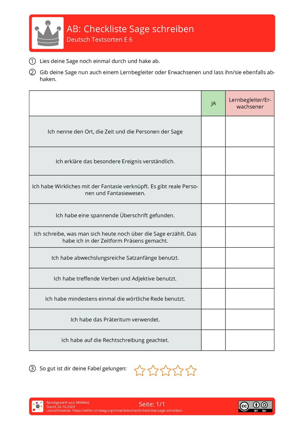 Arbeitsblatt Checkliste Sage schreiben Deutsch Textsorten