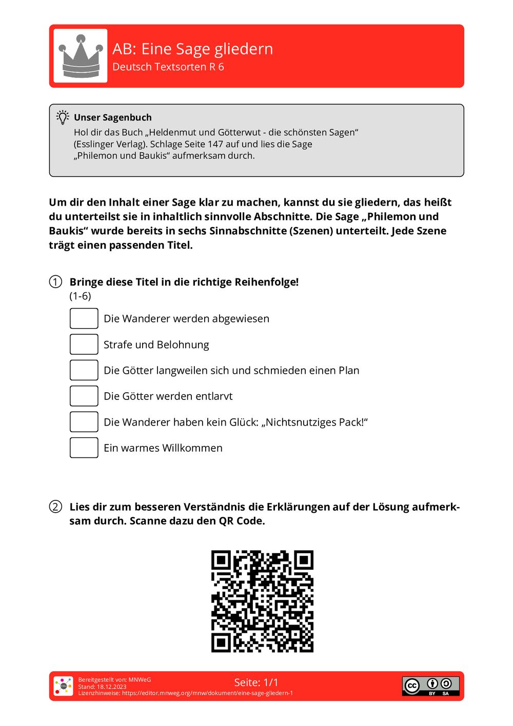 Arbeitsblatt Eine Sage gliedern Deutsch Textsorten