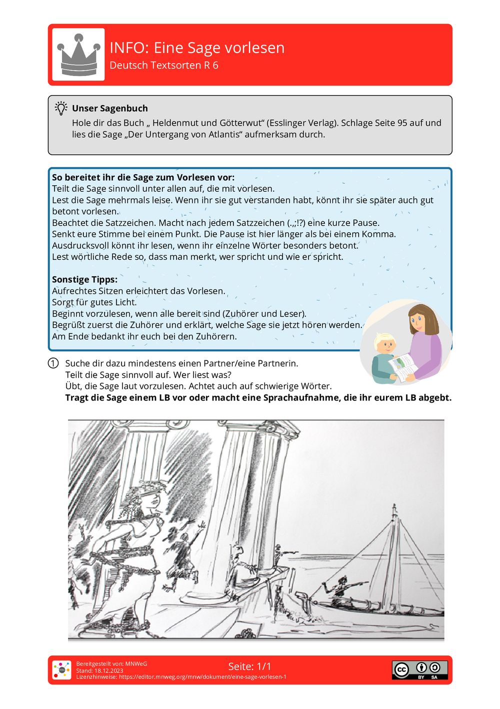 Arbeitsblatt Eine Sage vorlesen Deutsch Textsorten