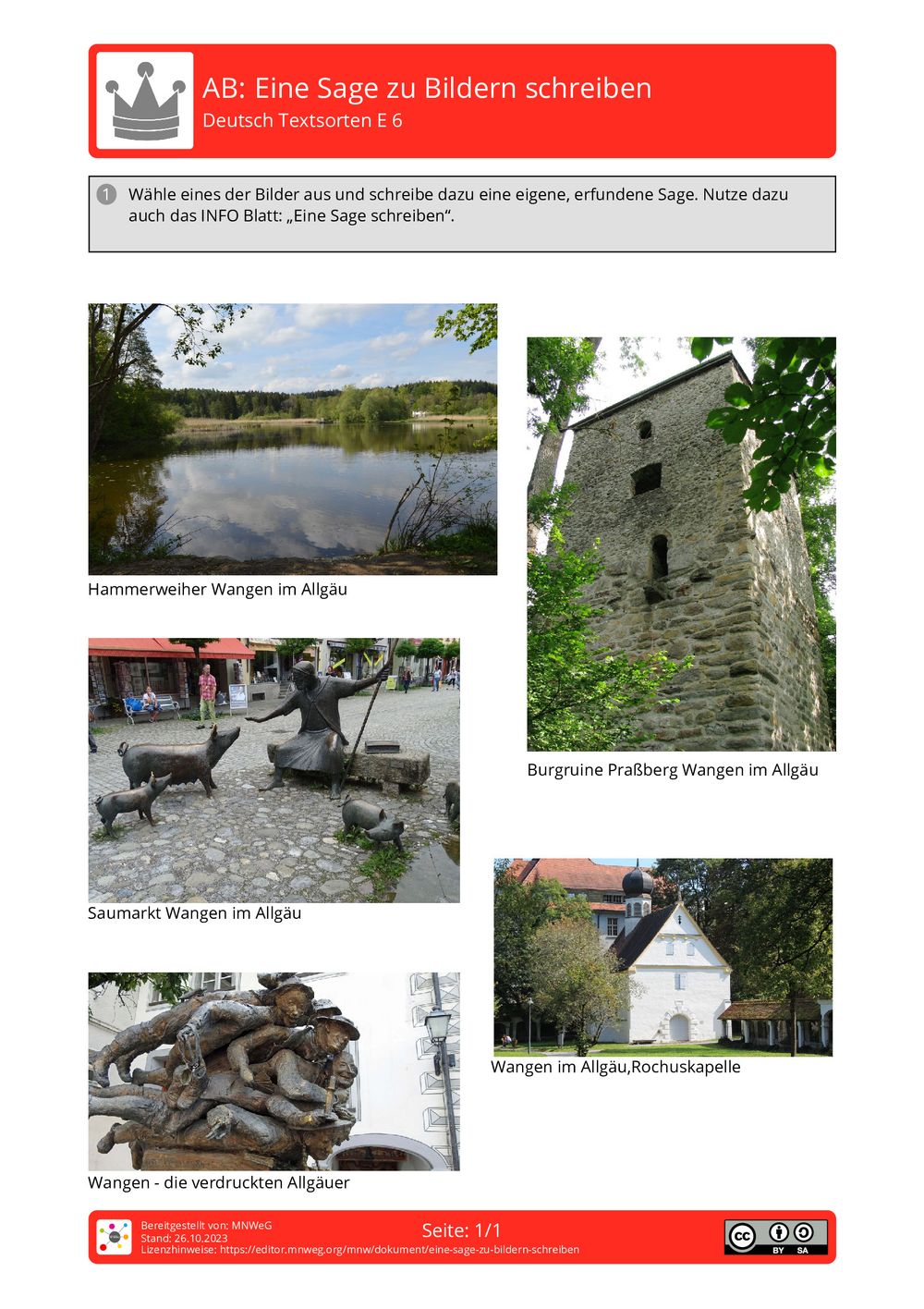 Arbeitsblatt Eine Sage zu Bildern schreiben Deutsch Textsorten