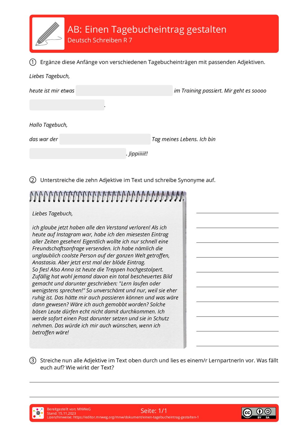 Wie Schreibe Ich Ein Tagebucheintrag Arbeitsblatt - Einen Tagebucheintrag gestalten - Deutsch - Schreiben