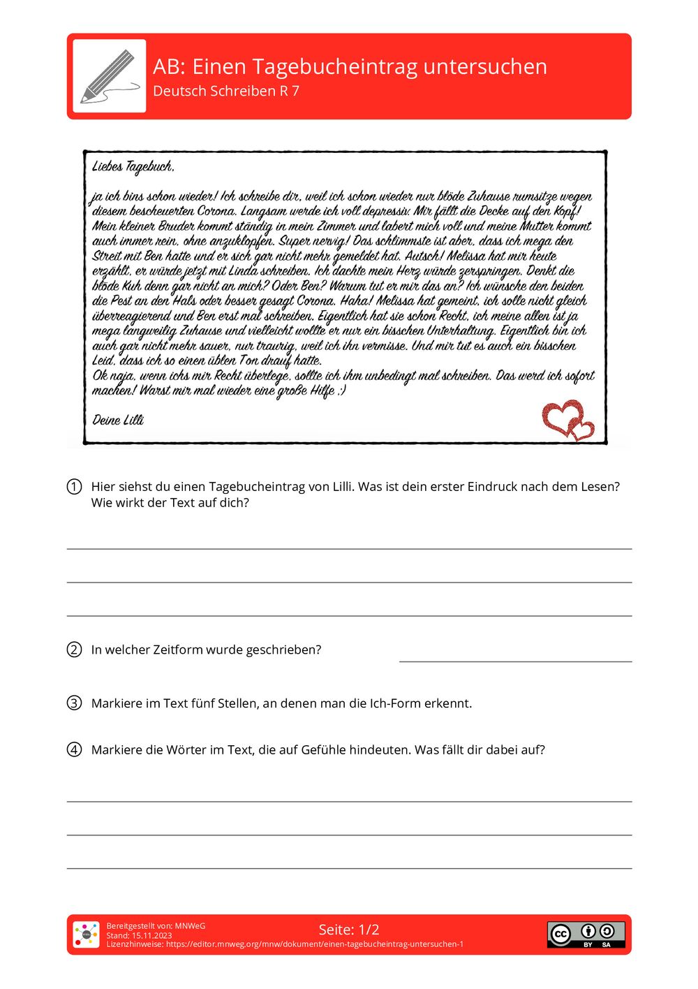 Wie Schreibt Man Ein Tagebucheintrag Arbeitsblatt - Einen Tagebucheintrag untersuchen - Deutsch - Schreiben