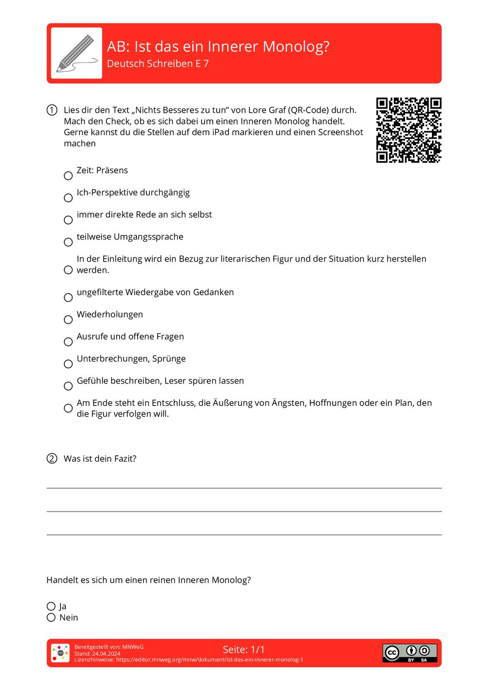 Arbeitsblatt - Ist das ein Innerer Monolog? - Deutsch - Schreiben