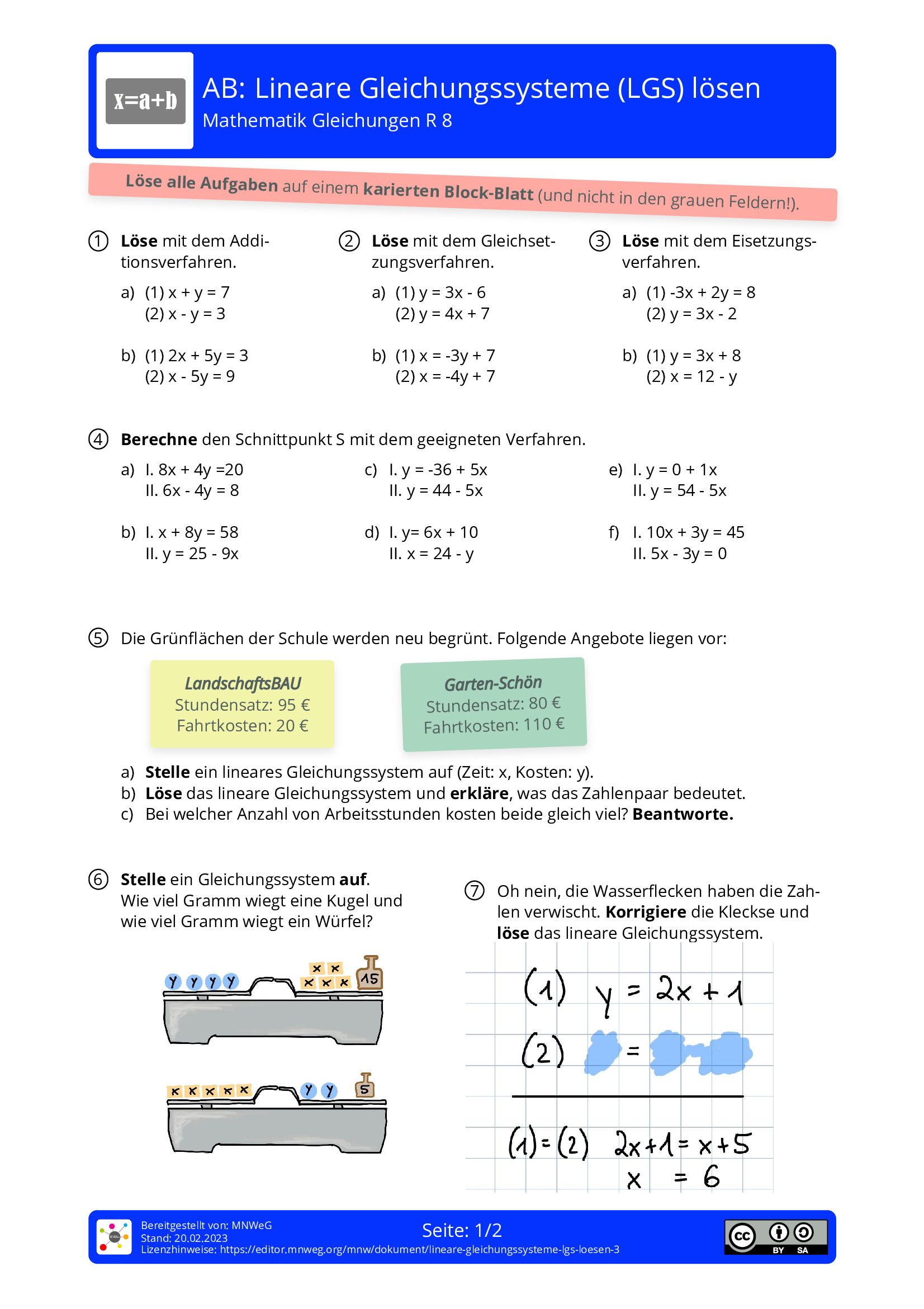 Arbeitsblatt - Lineare Gleichungssysteme (LGS) Lösen - Mathematik ...