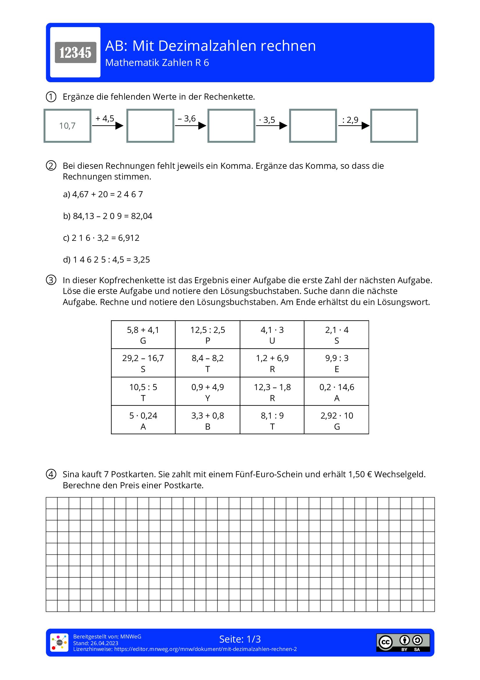 Arbeitsblatt - Mit Dezimalzahlen Rechnen - Mathematik - Zahlen - Mnweg.org