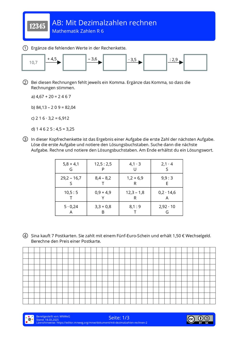 Geschicktes Rechnen Mit Brüchen Und Dezimalzahlen Arbeitsblatt - Mit Dezimalzahlen rechnen - Mathematik - Zahlen - mnweg.org