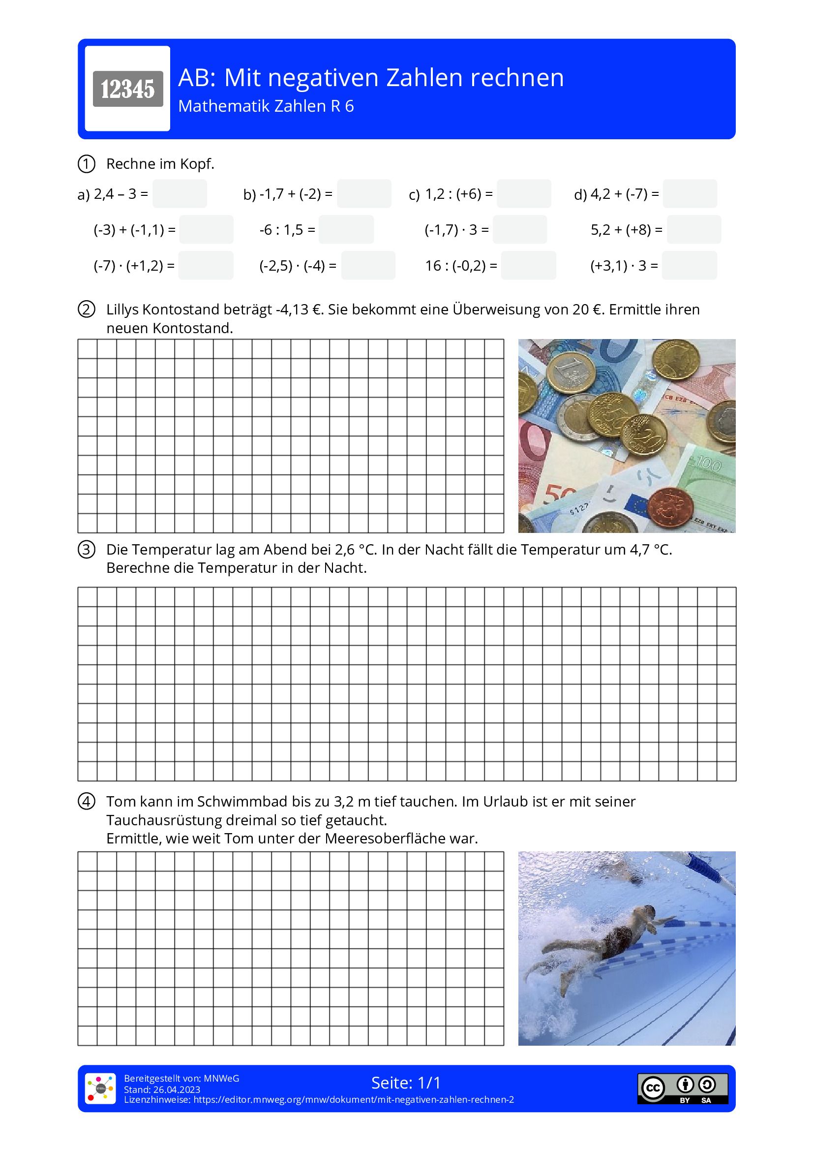 Arbeitsblatt - Mit Negativen Zahlen Rechnen - Mathematik - Zahlen ...