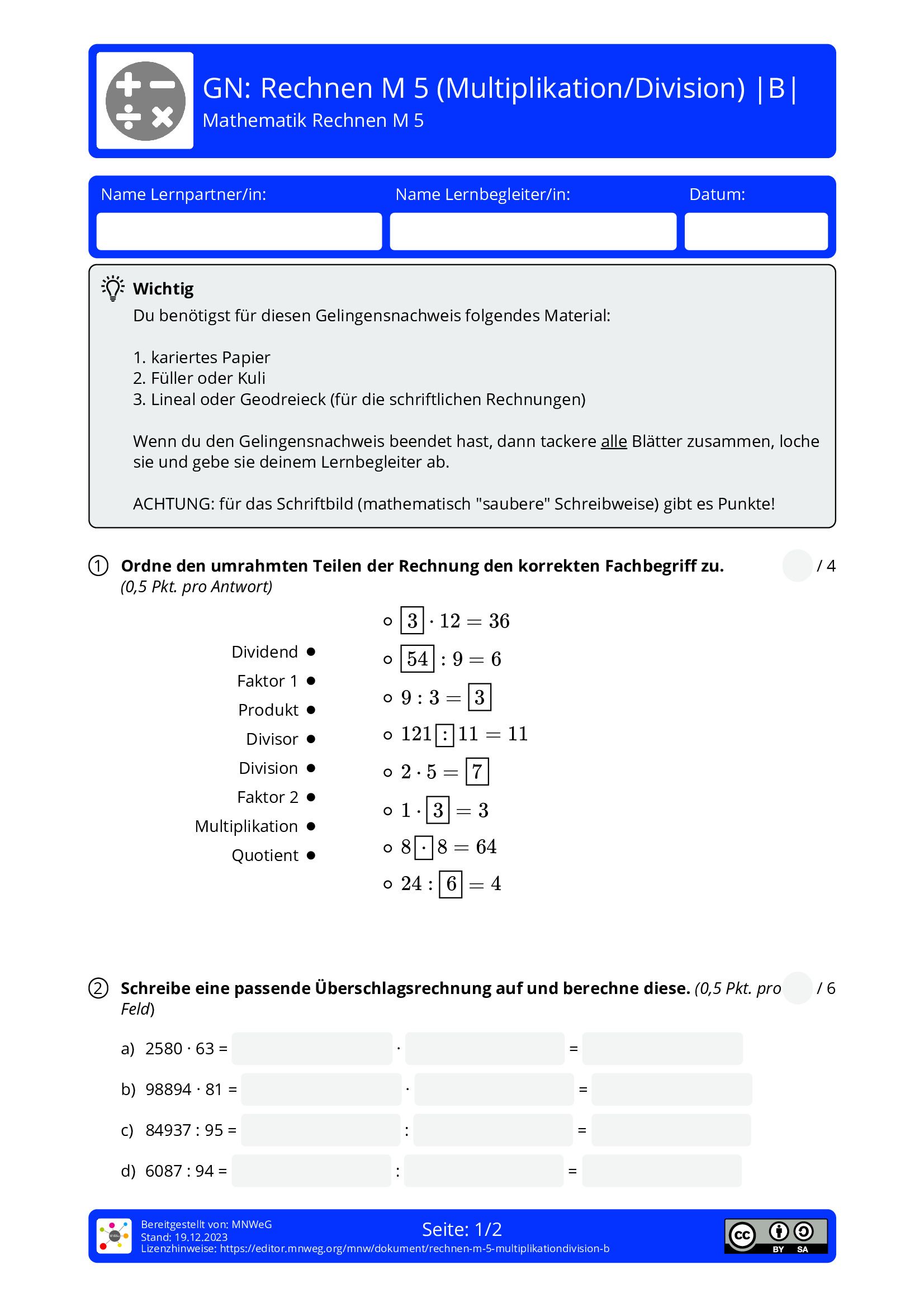 Arbeitsblatt - Rechnen M 5 (Multiplikation/Division) |B| - Mathematik ...