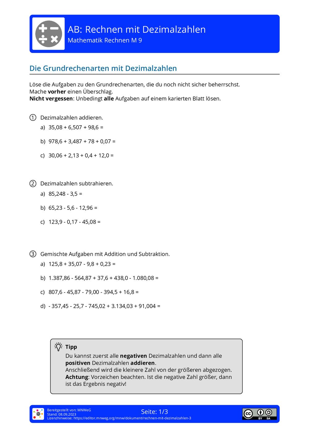 Geschicktes Rechnen Mit Brüchen Und Dezimalzahlen Arbeitsblatt - Rechnen mit Dezimalzahlen - Mathematik - Rechnen - mnweg.org