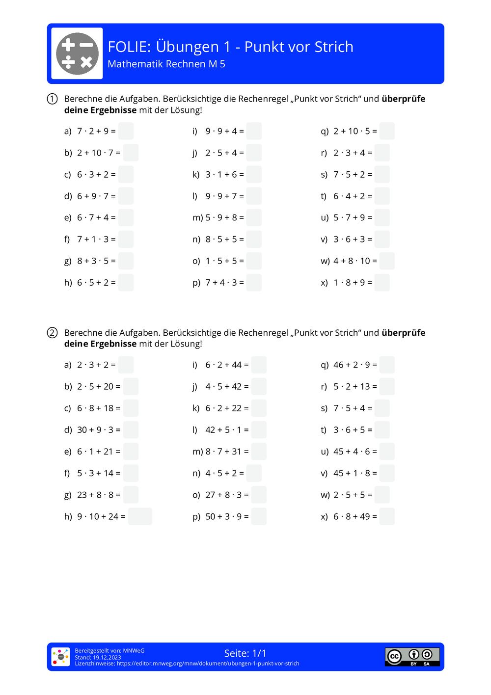 Arbeitsblatt - Übungen 1 - Punkt vor Strich - Mathematik - Rechnen