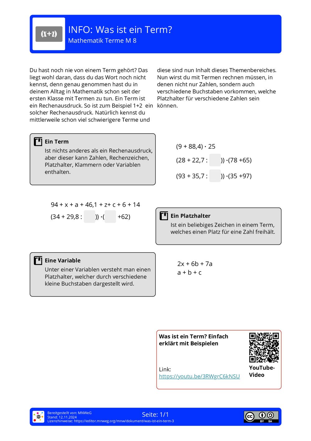 Was Ist Ein Term Mathe Arbeitsblatt - Was ist ein Term? - Mathematik - Terme - mnweg.org