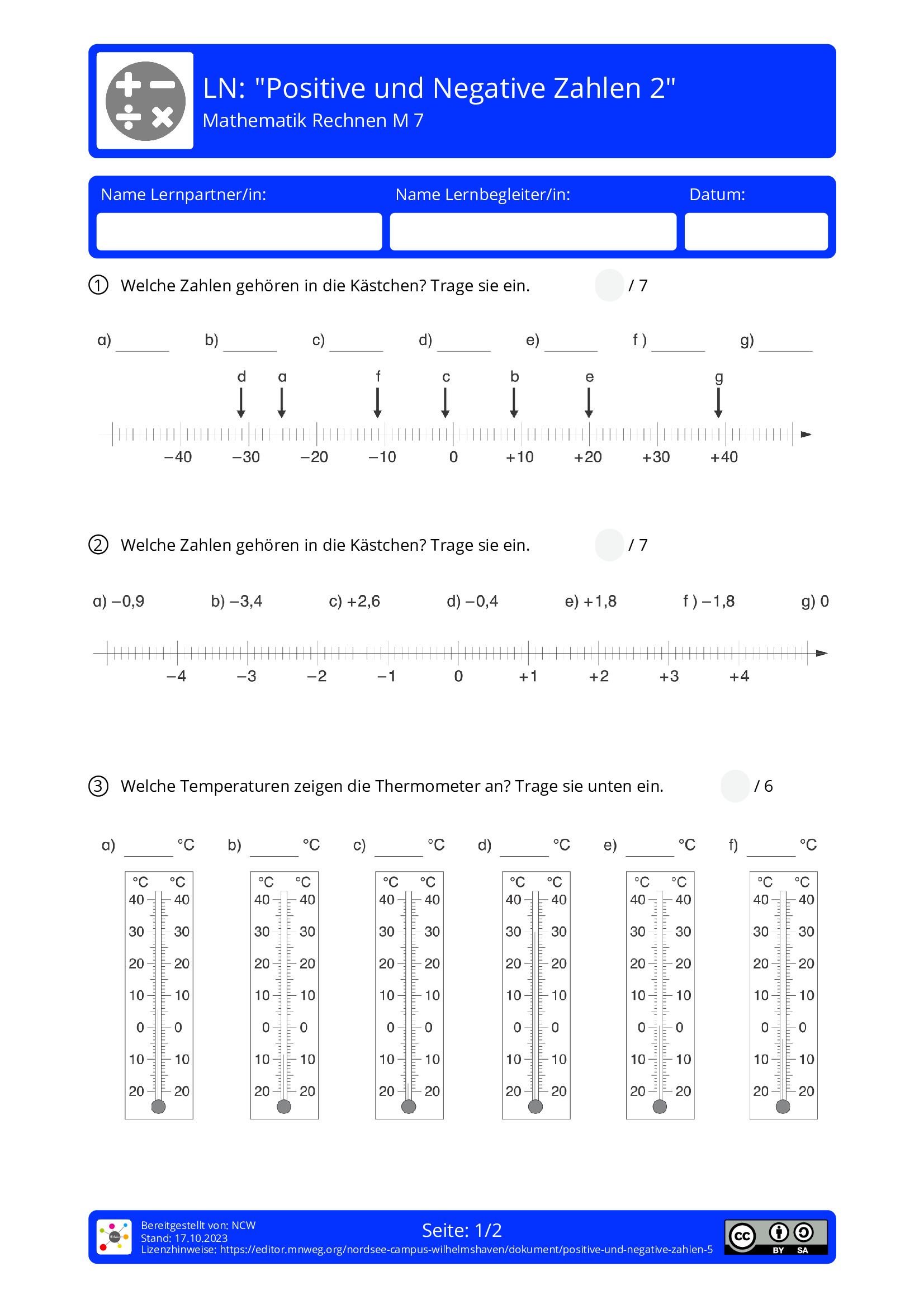 Arbeitsblatt - "Positive Und Negative Zahlen 2" - Mathematik - Rechnen ...