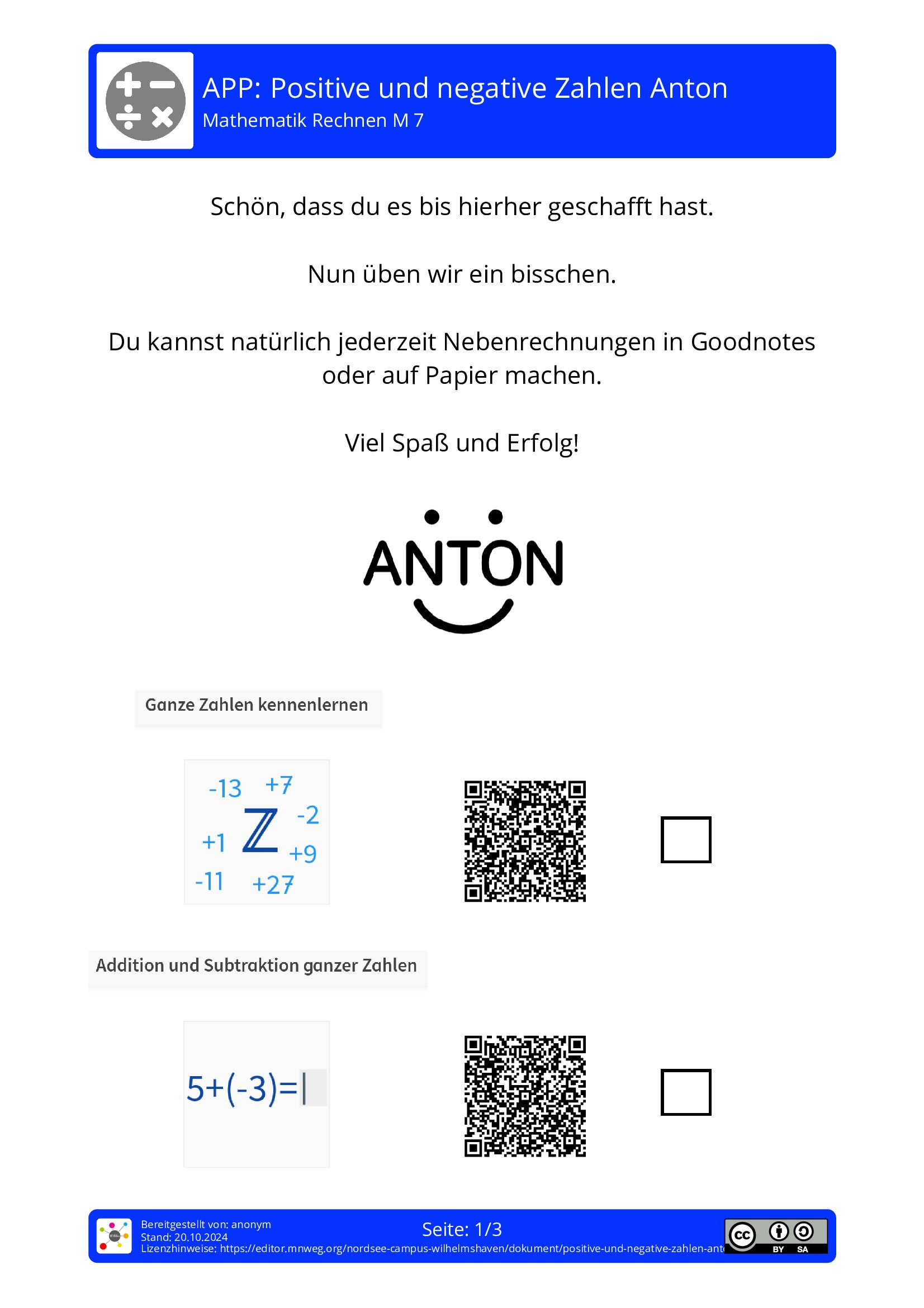 Arbeitsblatt - Positive Und Negative Zahlen Anton - Mathematik ...