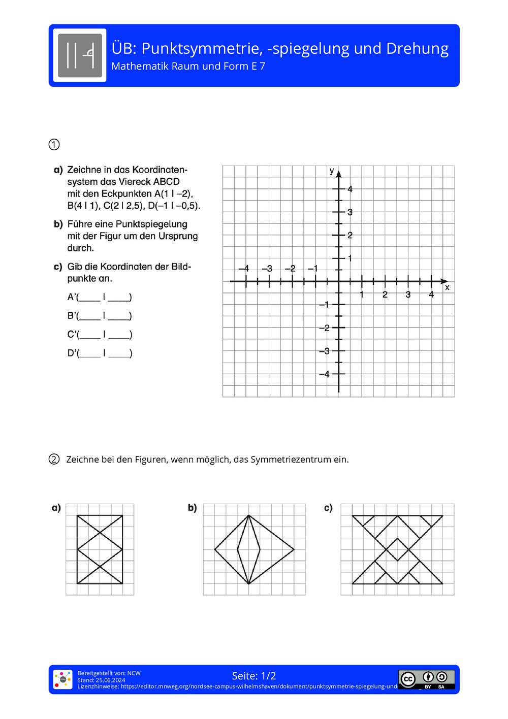 Arbeitsblatt - Punktsymmetrie, -spiegelung und Drehung - Mathematik - Raum und Form - mnweg.org