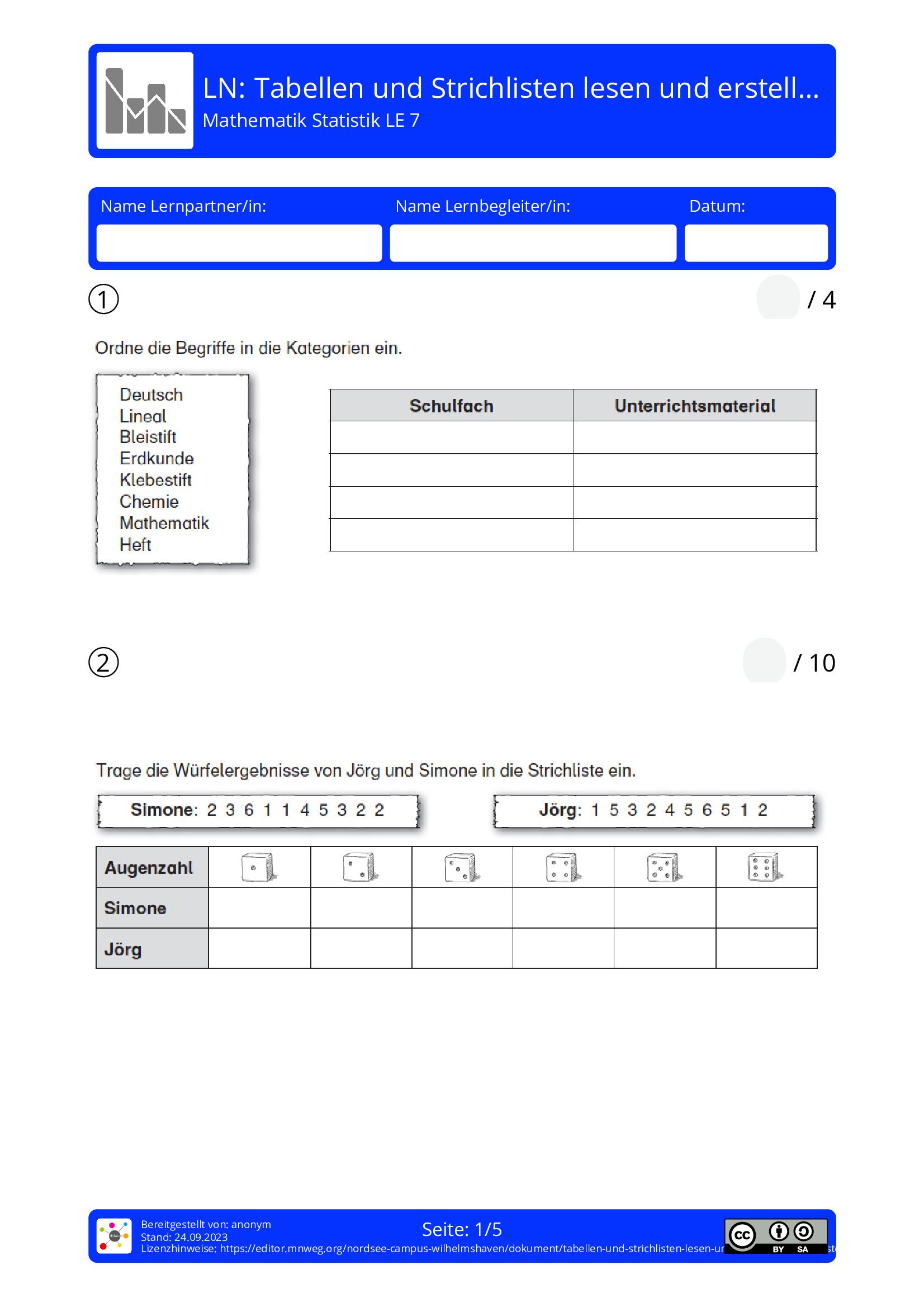 Arbeitsblatt - Tabellen Und Strichlisten Lesen Und Erstellen (Texte ...