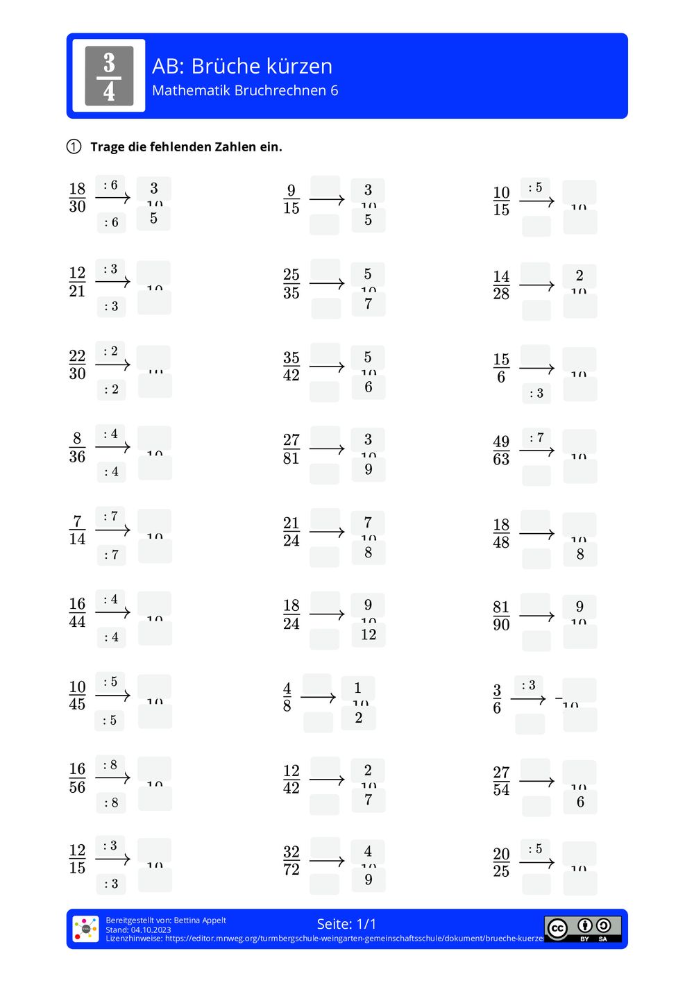 Brüche Kürzen Arbeitsblatt
 Arbeitsblatt Brüche kürzen Mathematik Bruchrechnen mnweg