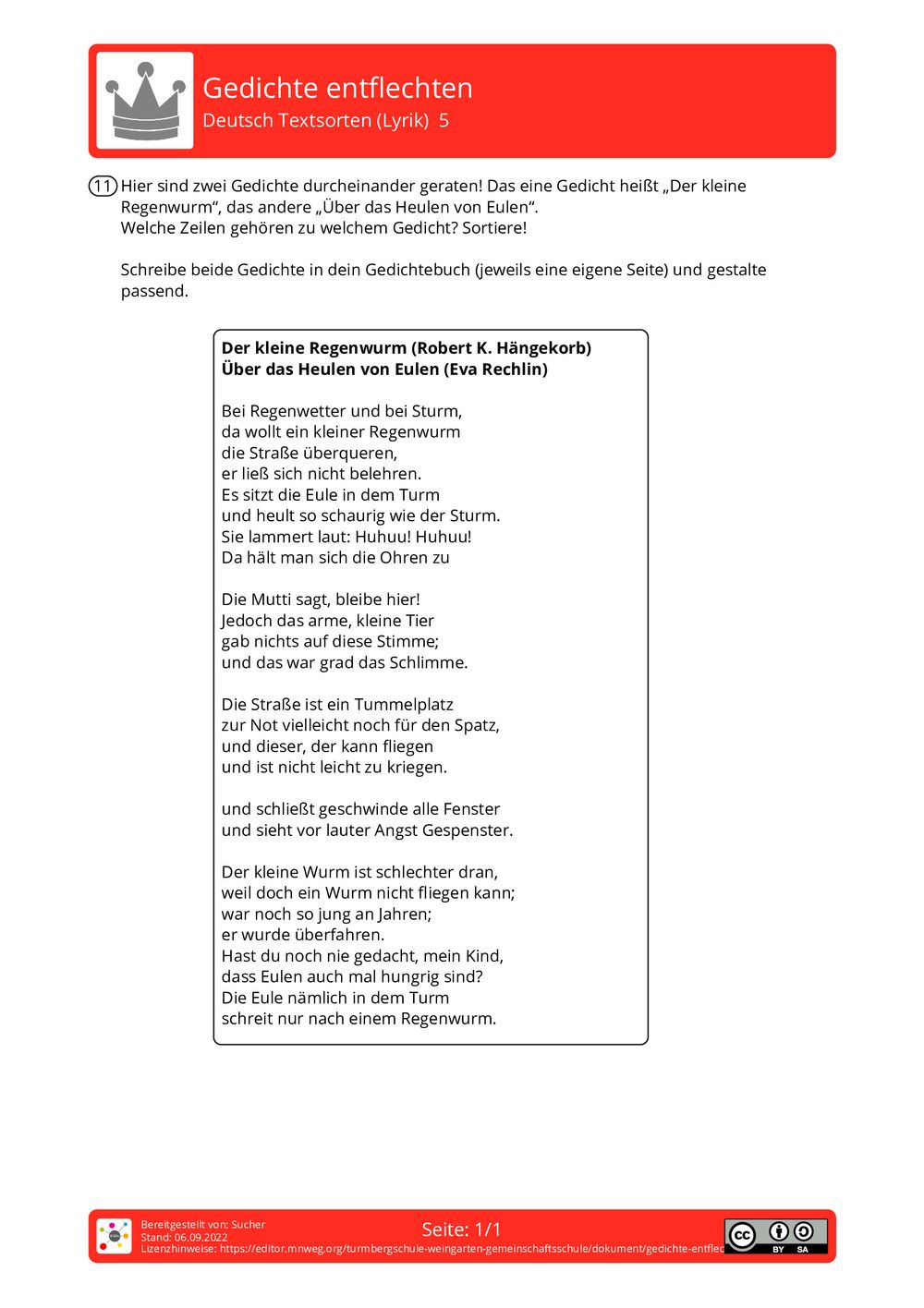 Gedichte Analysieren Klasse 6 Arbeitsblatt Arbeitsblatt - Gedichte entflechten - Deutsch - Textsorten (Lyrik