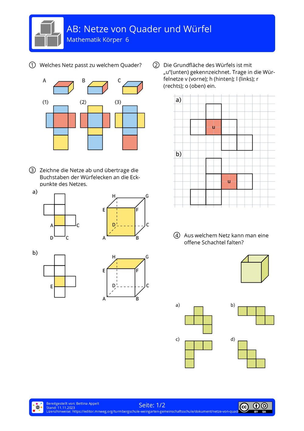 Arbeitsblatt - Netze von Quader und Würfel - Mathematik - Körper ...